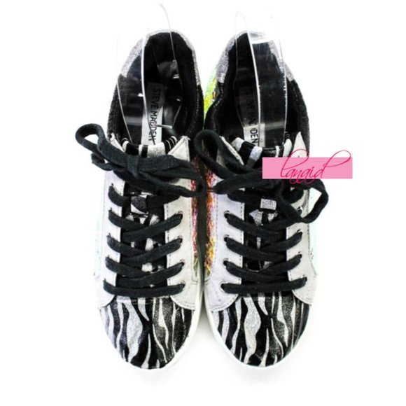 Steve Madden Jparka Sneakers Black Zebra Shiny Iridescent Holographic Mermaid 5 - Picture 3 of 11